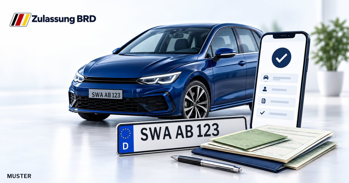Online Fahrzeugzulassung in Taunusstein: Musterkennzeichen SWA AB 123, Auto und Fahrzeugpapiere und Smartphone. Illustration mit Logo von Zulassung BRD.